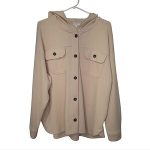 Time and Tru Beige Button Up Hooded Shacket Ribbed Womens Size L 12-14
